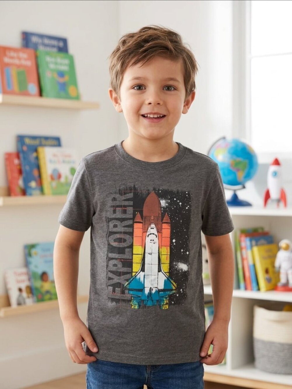 Cat & Jack Gray Rocket Graphic Tee with Blue & Orange Accents size M(8/10)